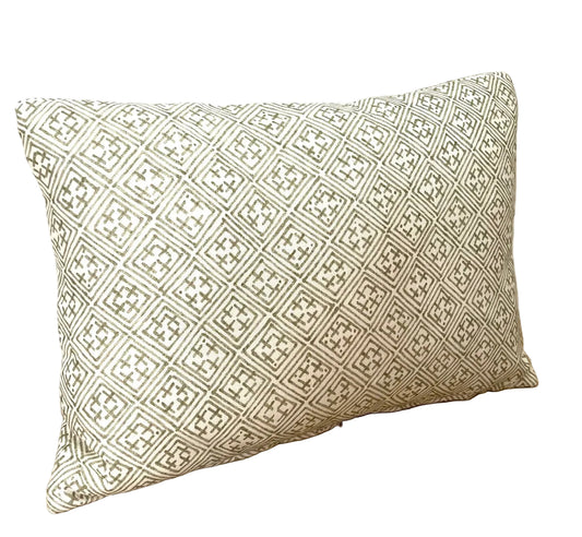 Spring Green Thibaut Design Laos Pattern in cotton and linen blend.  Down Insert Included.  Lumbar Size 12” x 18”